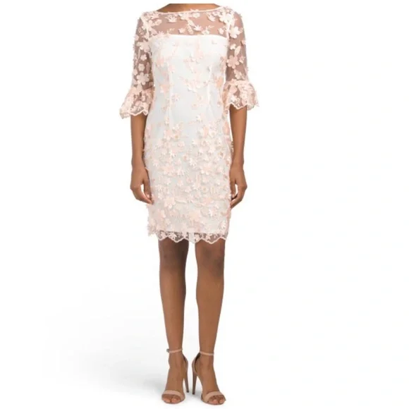Adrianna Papell Illusion Boat Neck 3/4 Scuff Bell Sleeve 3D Floral Embroidery Throughout Sheath Woven Dress Ivory Blush / 4